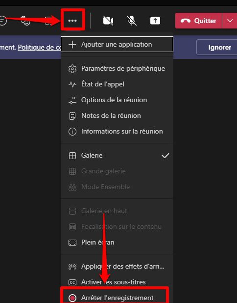 Exemple d'arrêt de l'enregistrement de la réunion Microsoft Teams