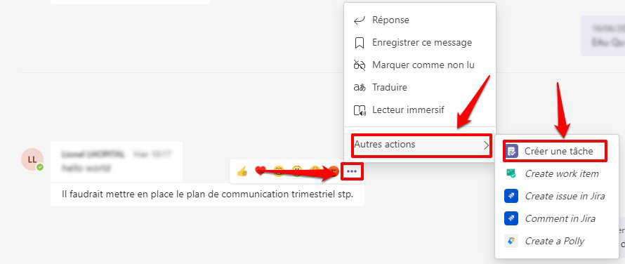 créer un tâche à partir d'un message envoyé dans le chat Microsoft Teams