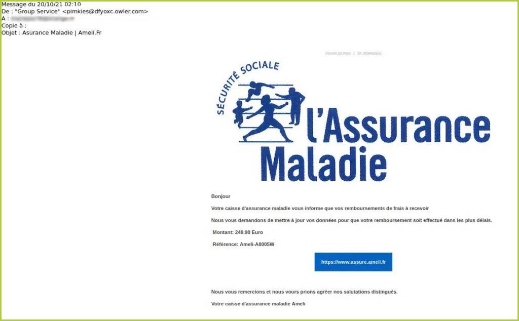 exemple de mail imitant un email de l'assurance maladie utilisé dans une tentative de phishing