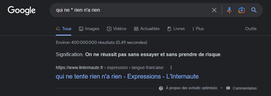 illustration retrouver un mot manquant grâce aux caractère étoile, conseil issu de l'article 15 astuces pour devenir un pro de la recherche Google 