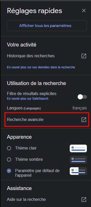 illustration accès à la recherche avancée Google via le menu réglages rapide, conseil issu de l'article 15 astuces pour devenir un pro de la recherche Google