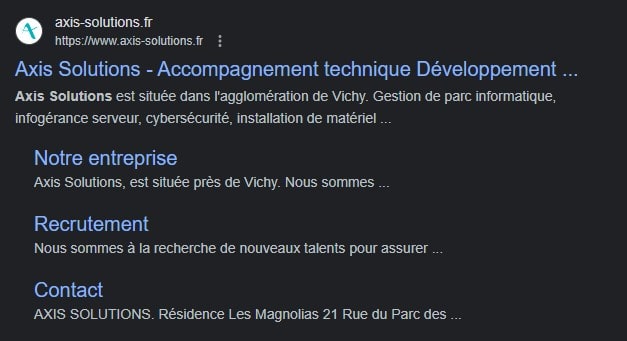 Exemple du sitelink d'Axis Solutions, avantage SEO que peut obtenir tout site web disposant d'une bonne arborescence.