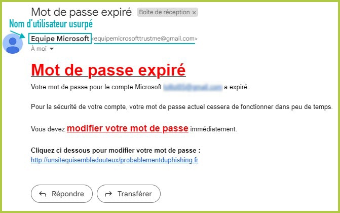 exemple de spoofing email utilisant l'usurpation d'alias (nom d'utilisateur)