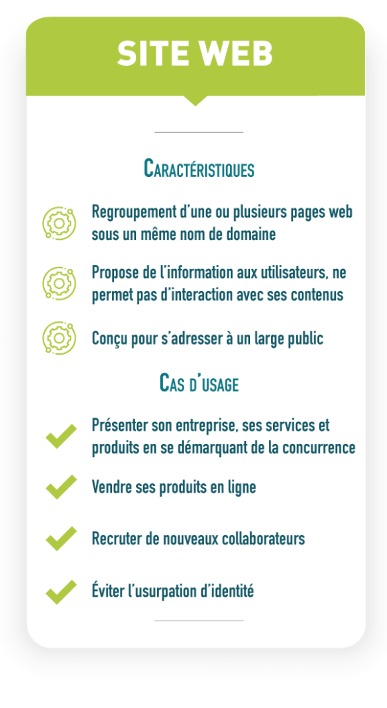 récapitulatif des caractéristiques et cas d'usage d'un site web pour marquer les différences existantes avec une application web