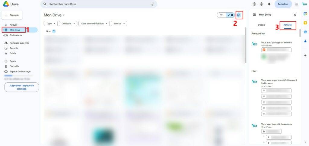 Conseils pour sécuriser votre Google Drive : screenshot Google Drive pour montrer comment accéder aux journaux d'activité des fichiers contenus dans ce Drive
