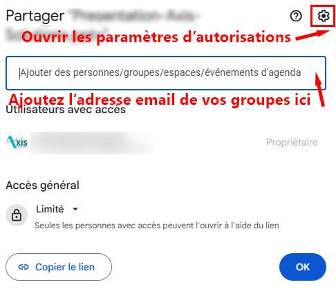 Conseils pour sécuriser votre Google Drive : screenshot Google pour montrer où ajouter une adresse mail de Google Groups et comment gérer les autorisations