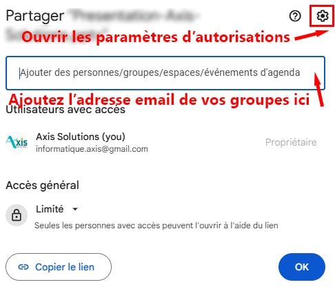 Conseils pour sécuriser votre Google Drive : screenshot Google pour montrer où ajouter une adresse mail de Google Groups et comment gérer les autorisations