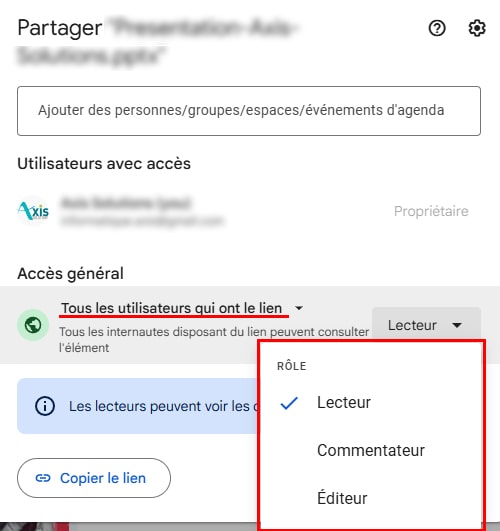 Conseils pour sécuriser votre Google Drive : screenshot Google pour montrer les options de partage par lien et les rôles par défaut